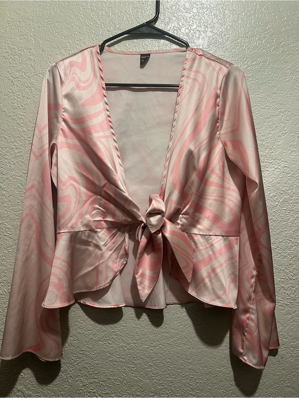 SHEIN Pink Satin Tie-Front Blouse with Swirl Print